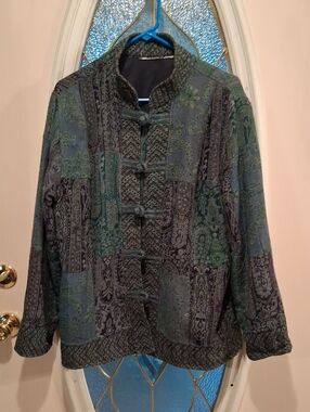 Vintage Green and Black Patterned Mandarin Jacket